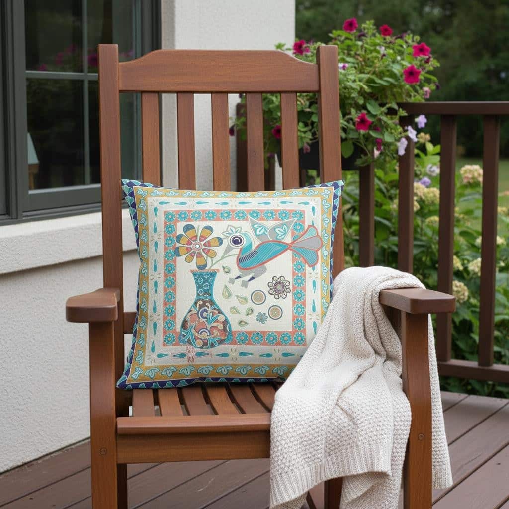 HomeRoots 20" x 20" Blue and Beige Peacock Blown Seam Floral Indoor Outdoor Throw Pillow - 20.00' X '5.00' X '20.00