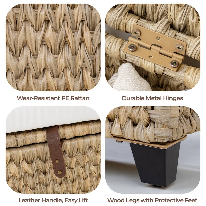 Wicker Storage Bench with Cushion for Bedroom, Living Room, Porch - 18.5'' H X 43.3'' W X 18.5'' D