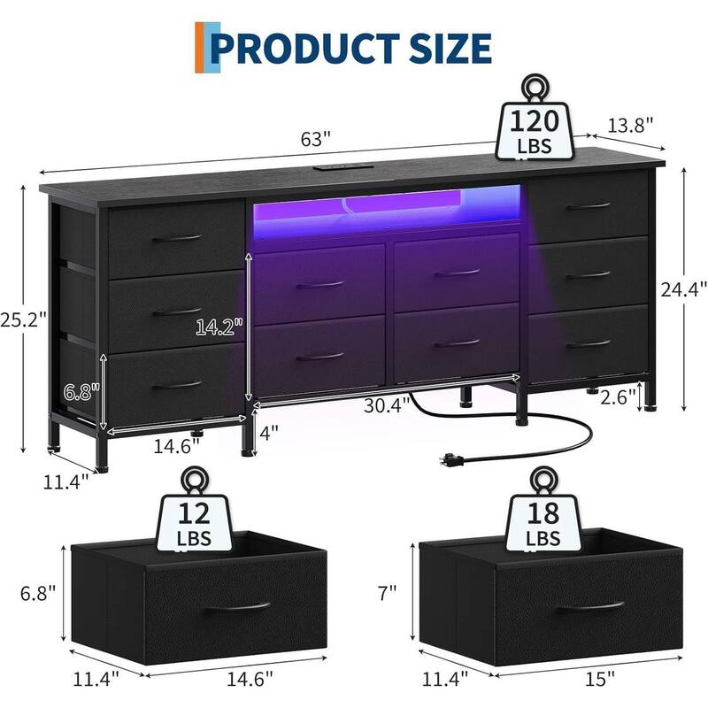 63 Inch Long Dresser TV Stand with 10 Fabric Drawers for 65-75 Inch TVs