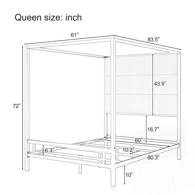 Metal 4-Poster Bed Frame Modern Canopy Upholstered Bed with Tall Upholstered Headboard
