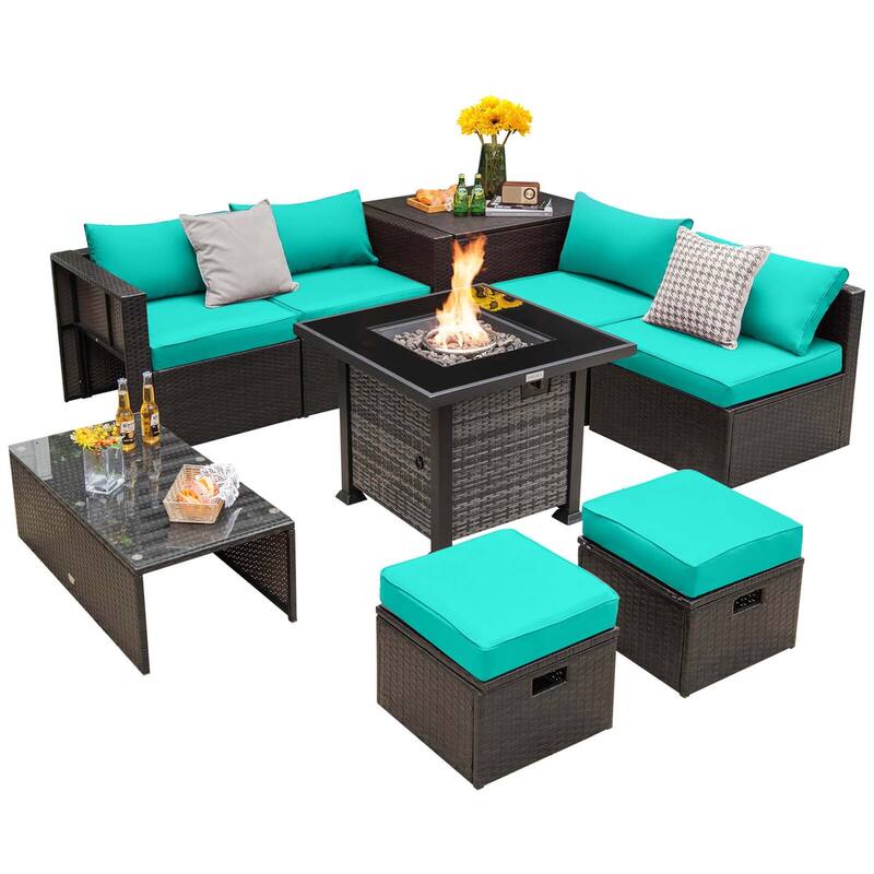 9 PCS Patio Furniture Set with 50,000 BTU Propane Fire Pit Table - Turquoise