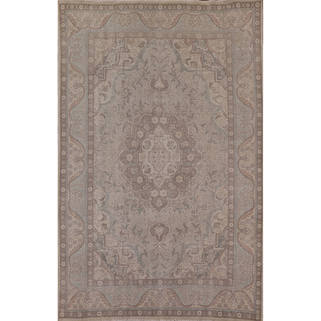 Grey Distressed Tabriz Persian Antique Rug Hand-knotted Wool Carpet - 6'5" x 9'4"