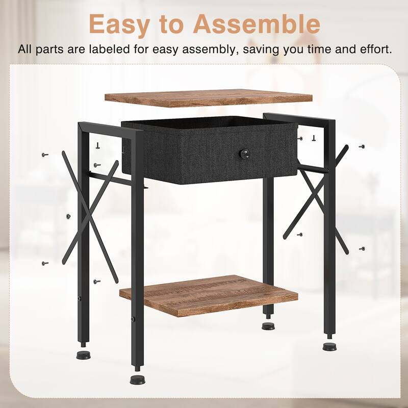 VECELO X Frame Nightstand with Removable Fabric Drawer Easy to Clean Nightstand Multifunctional End Table with Open Shelf