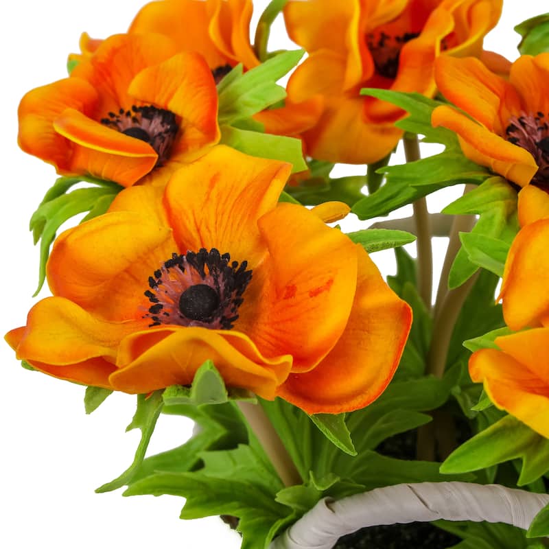 National Tree Company 10 in. Orange Anemone Flower Bouquet in White Basket - 10 in