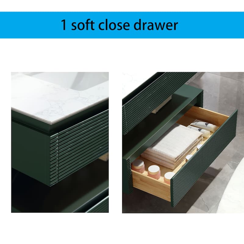 Modland 36/48 Inch LED Floating Vanity with Marble Top & Soft-Close Drawer - Green/White, Wall Drain Ready
