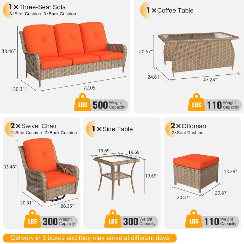 7 Pieces Patio Furniture Set with Swivel Rocking Chair, Coffee Table, Side Table for Backyard, Garden, Navy Blue/Beige/Orange