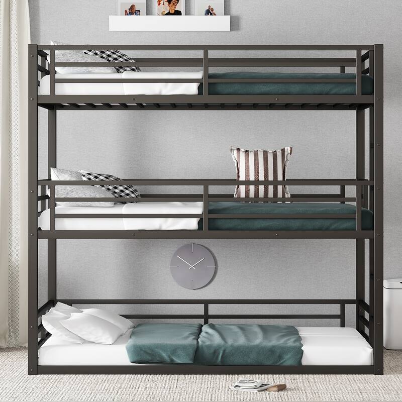 Roomfitters Twin/Full/ Queen Metal Triple Bunk Bed with Safety Guardrails, Heavy-Duty Noise-Reduced Frame, Black