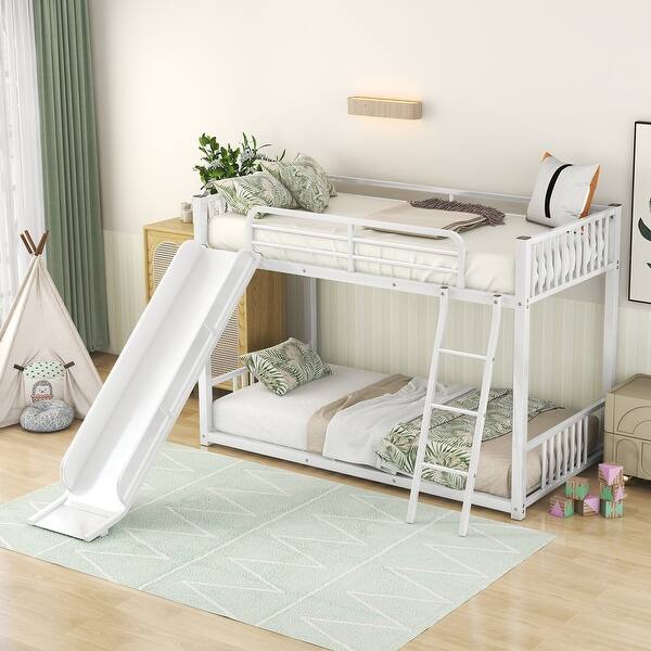 slide 2 of 20, Minimalist Design Twin over Twin Bunk Bed with Built-In Slide and Sloping Ladder,Solid Metal Slats and Safety Guardrail White