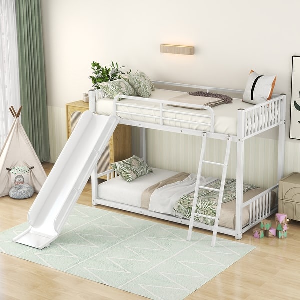 slide 2 of 10, Twin over Twin Metal Bunk Bed with Slide, Inclined Ladder, Strong Metal Slats, Fun Design for Unisex, Easy Assembly, White