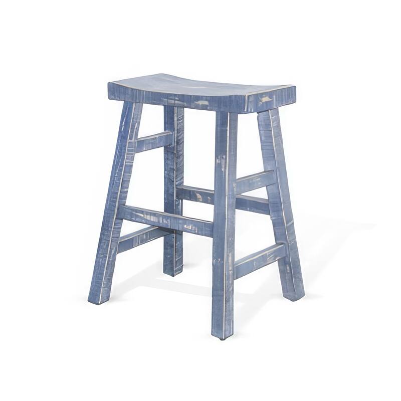 Rena Counter Stool Set of 2, Saddle Seat, Ocean Blue Mahogany Wood