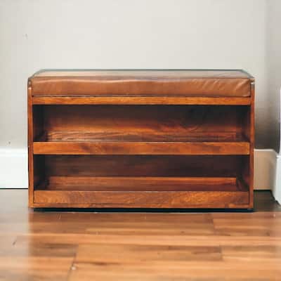 Artisan furniture solid mango wood ,Leather, Buffalo Hide Pull out Chestnut Shoe Storage Bench, Brown , 2 Shelf
