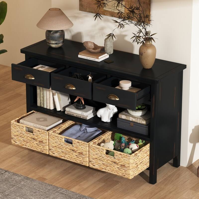 Retro Wooden Console Table with 3 Storage Drawers and Woven Baskets for Entryway