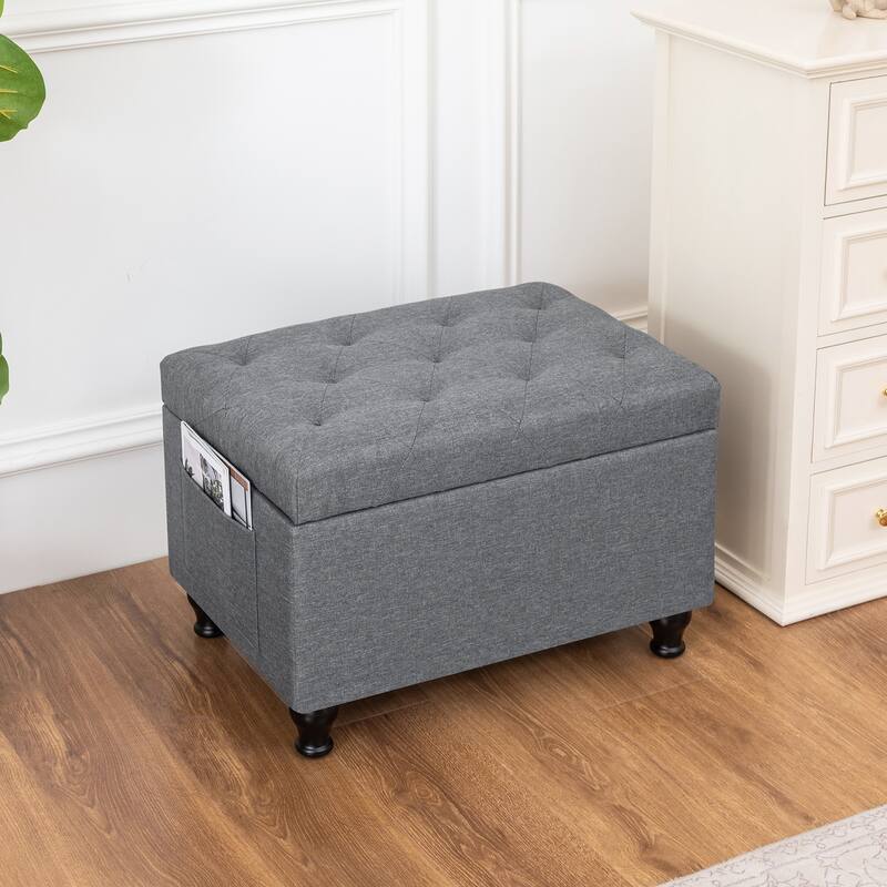 Adeco Linen Fabric Storage Ottoman for Living Room Bedroom