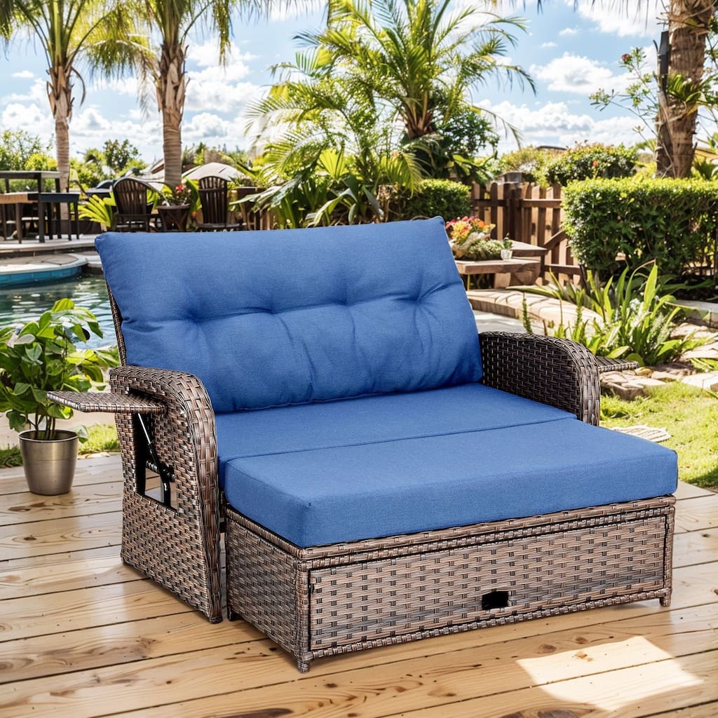 Outdoor Double Chaise Lounger with Soft Ottoman - Brown