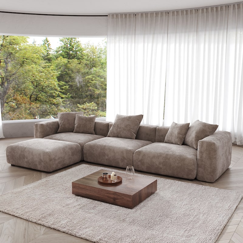 4-Piece L-Shape Sectional Sofa Corduroy Upholstered Couch with Ottoman