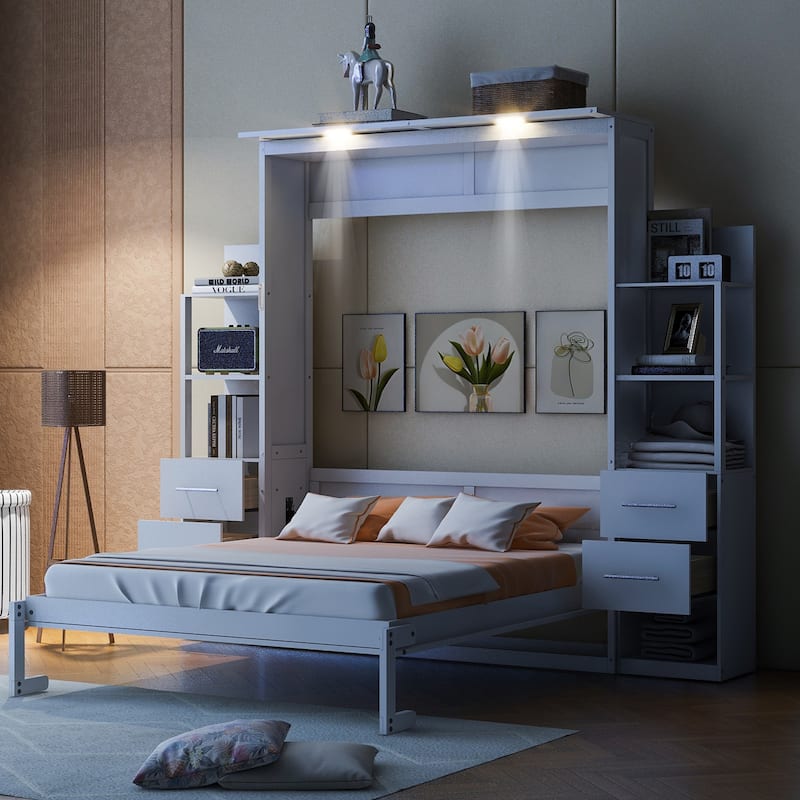 Queen Size Wall Bed with Shelves, Drawers, and LED Lights, White