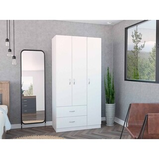 35.4" Modern Three-door Armoire with Drawers, Shelves and Hanging Rod for Bedroom