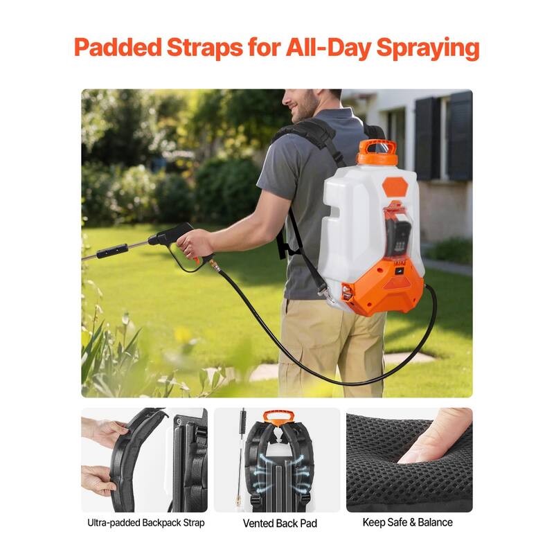 White and Orange 16L Battery-Powered Backpack Sprayer with Adjustable 0-90 PSI and Ergonomic Design