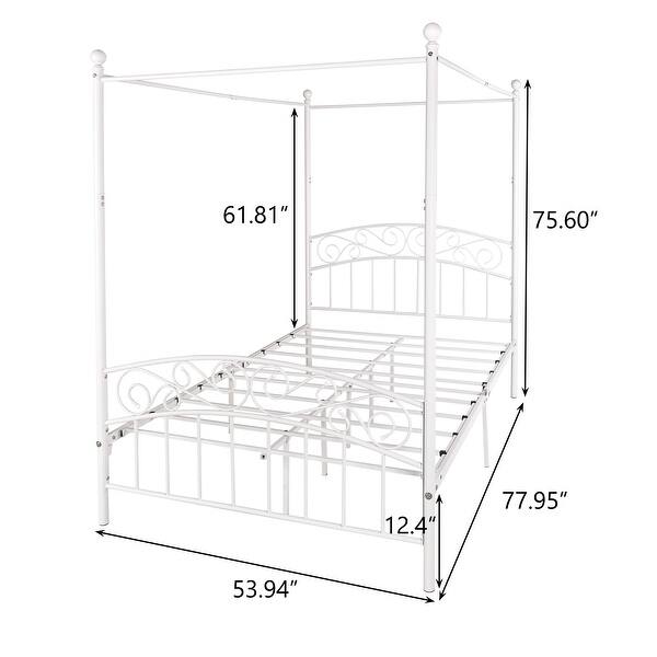 Full Size Metal Canopy Bed Frame with Ornate European Style Headboard & Footboard - Sturdy Steel Platform, Under-Bed Storage