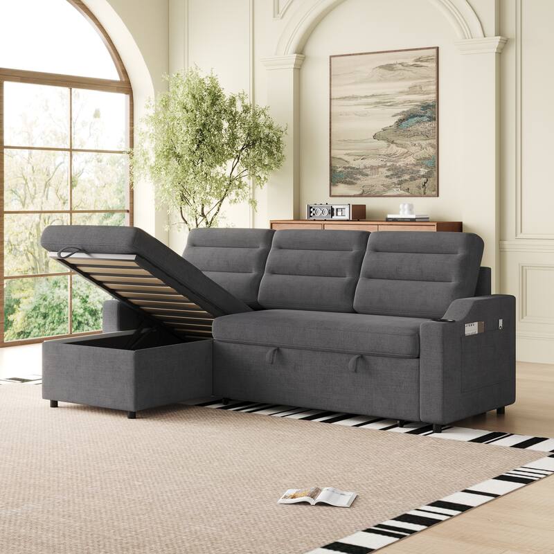 83.5" Convertible Sleeper Sofa - Polyester Sectional Sofa Bed with Pullout Bed and Cup Holder