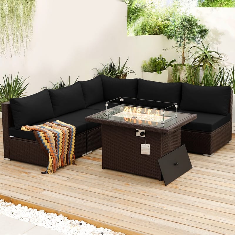 FINCATI Outdoor Wicker Patio Furniture Conversation Sectional Sofa Set - 6 PCS - Black
