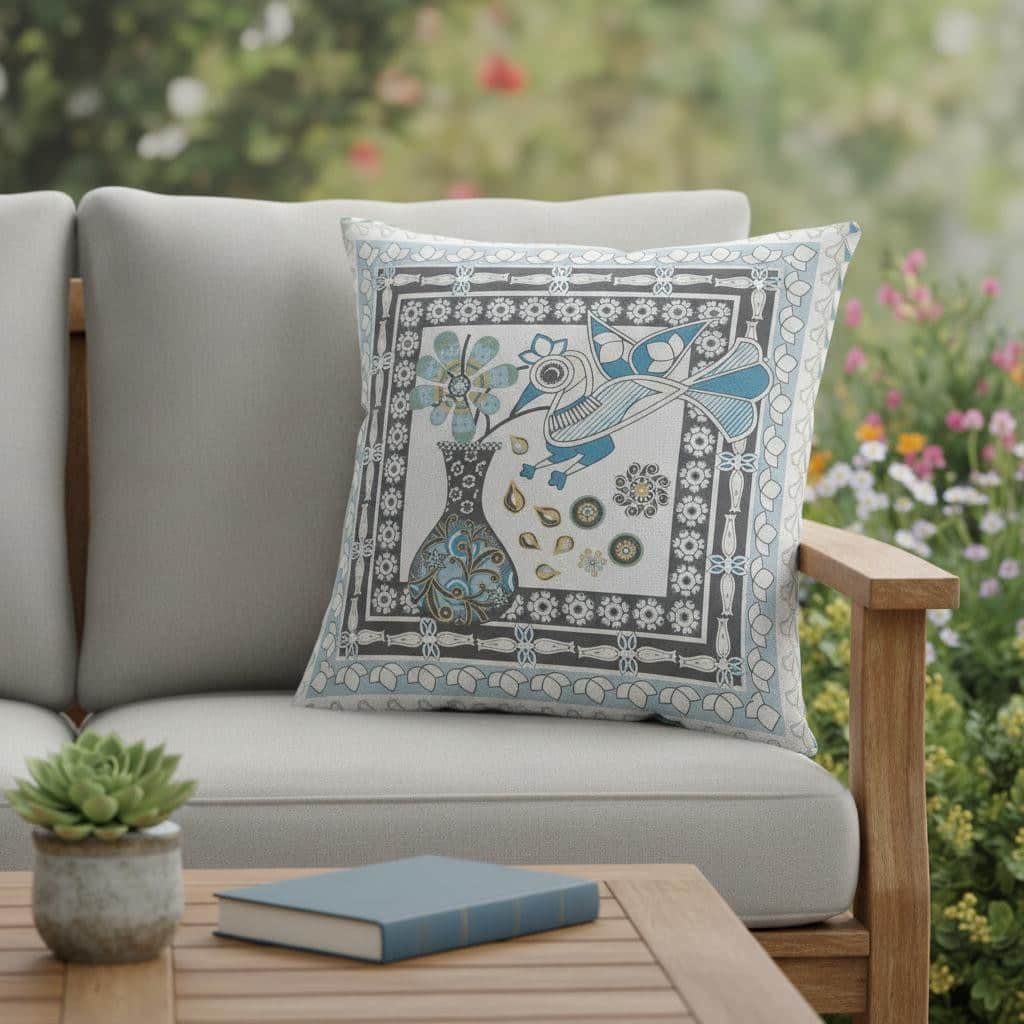 HomeRoots 26" x 26" Blue and White Bird Blown Seam Floral Indoor Outdoor Throw Pillow - 26.00' X '5.00' X '26.00