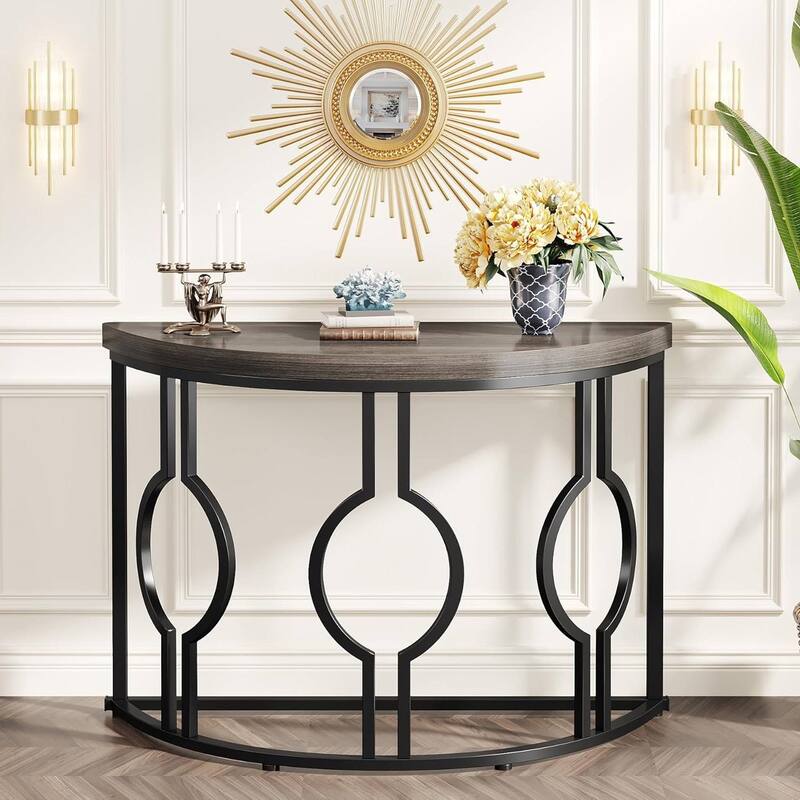 Wood Metal Half Moon Accent Sofa Table with Retro Finish Frame - 13.77"W x 43.3"L x 31.49"H - Brown