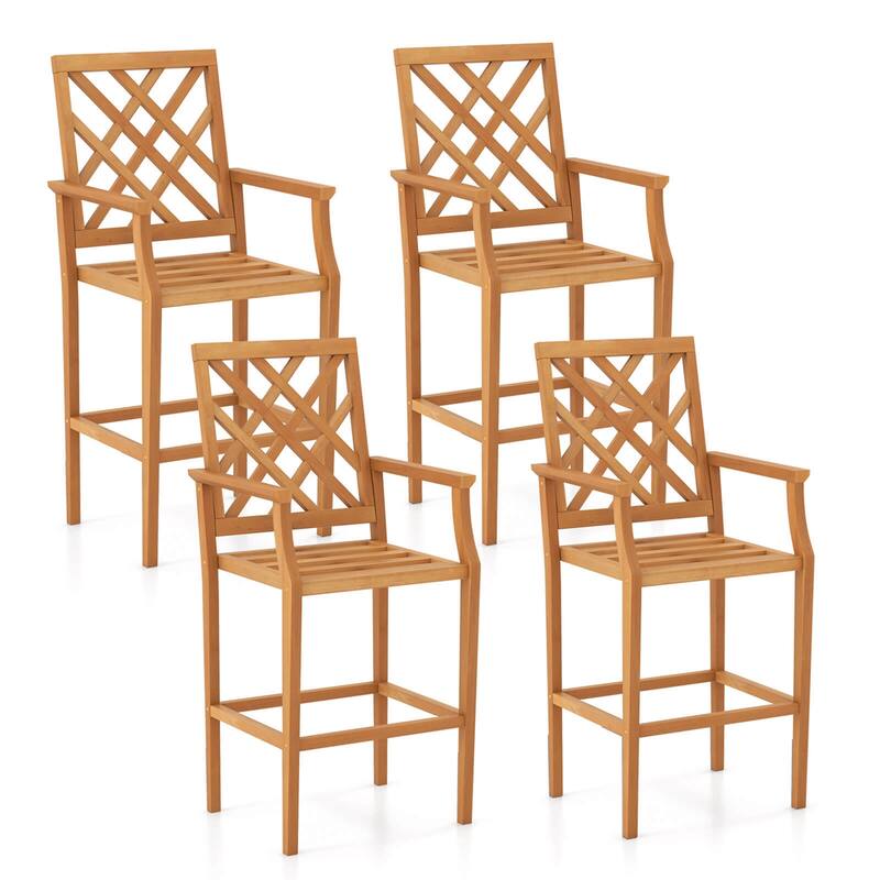 Costway 1/2/4 PCS Patio Teak Wood Bar Stool with Ergonomic Backrest - 4 PCS