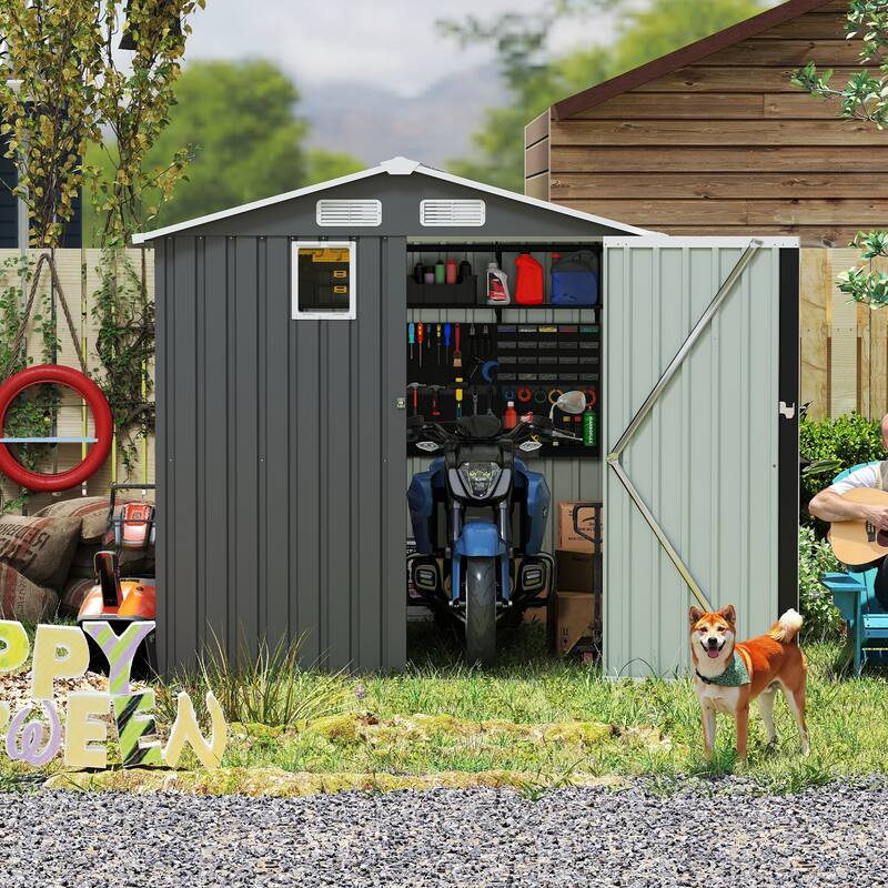 6x8FT Outdoor Steel Storage Shed with Clear Window, Lockable Doors, Compact Metal Tool Shed for Garden