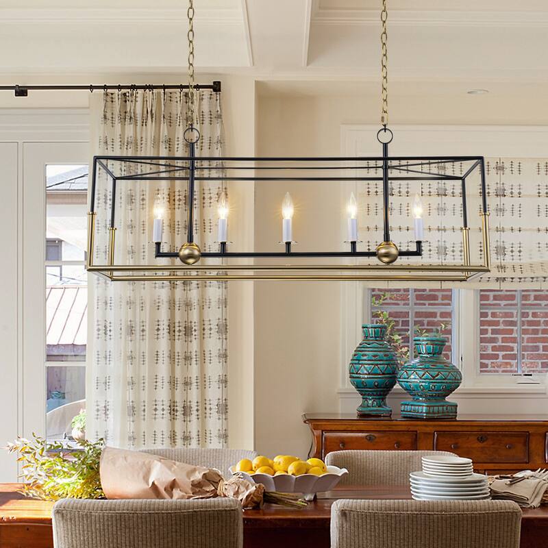 Geometric 5-Light Modern Black and Brass Rectangular Pendant Light for Dining Room