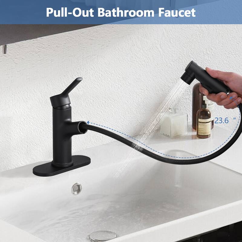 Bathroom Sink Faucet with Pull Out Sprayer, Single Handle Modern Bathroom Basin Faucet with Pop-up Sink Drain Stopper