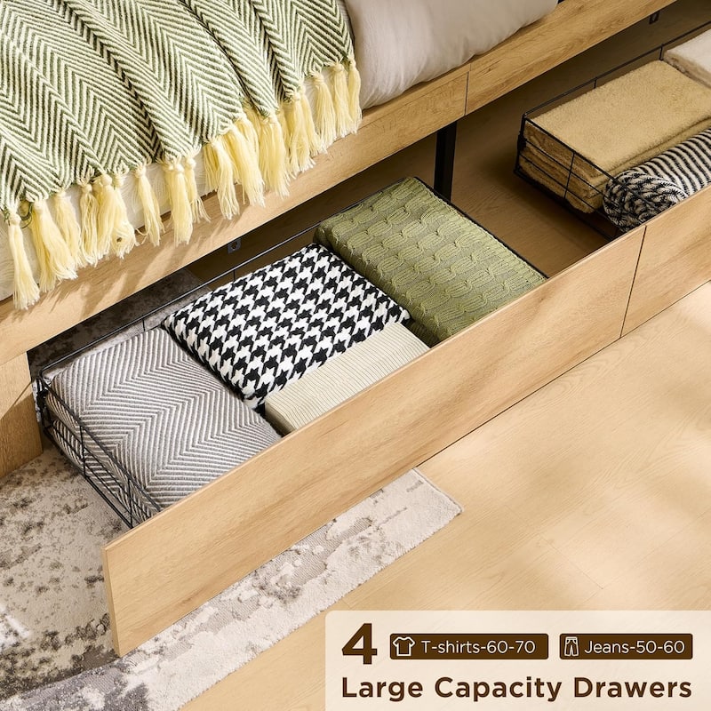 Modern King Size Wood Bed Frame with Charging Station and LED Lights