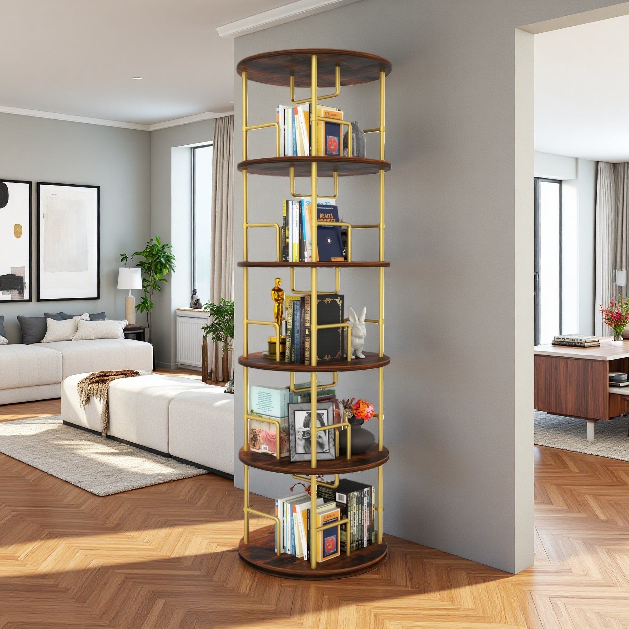 63"H 5-Tier Rotating Bookshelf, 360° Spinning Bookshelf, Wood & Metal Stackable Swivel Bookcase Tower, Floor Standing Bookcase