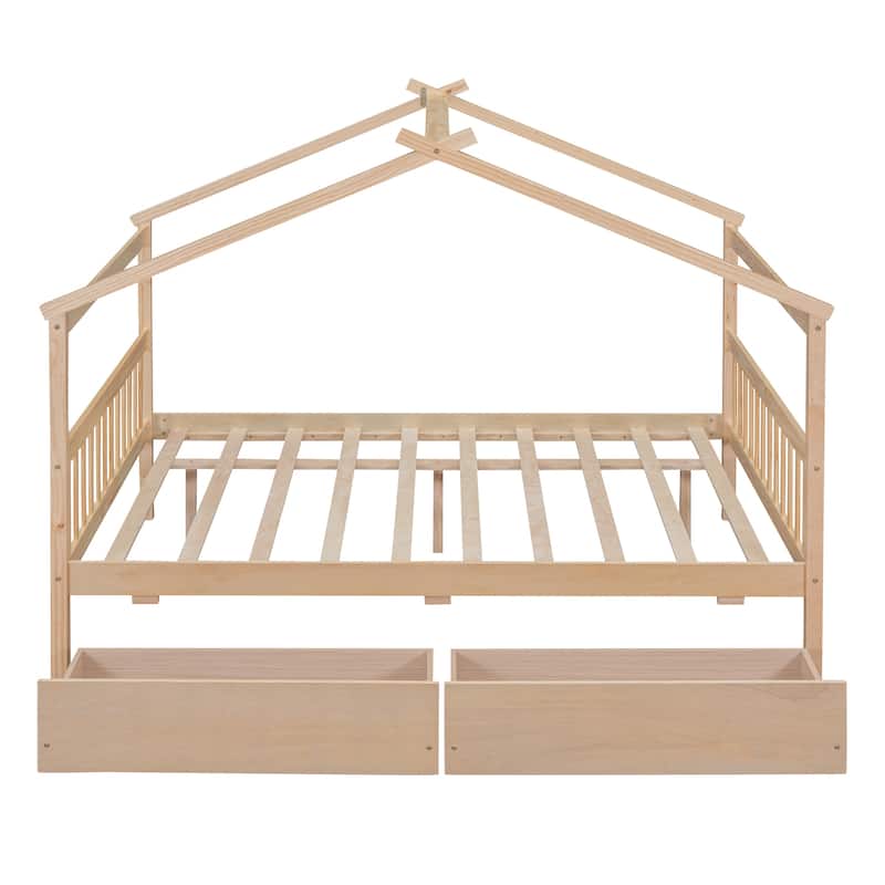 Full Size Wooden House Bed with Drawers, Gray