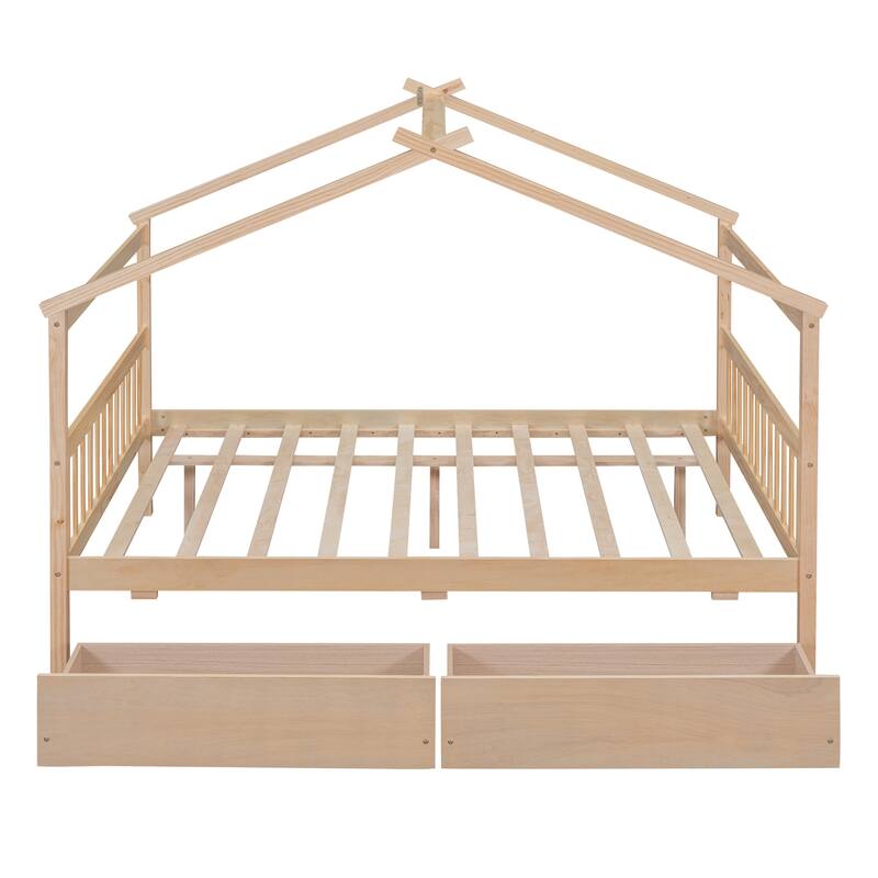 Wooden House Bed with Drawers