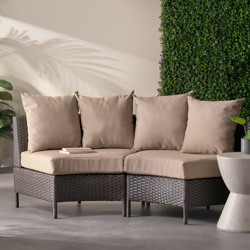 Newton Wicker Outdoor Curved Loveseat Sectional with Cushions by Christopher Knight Home - Dark Brown/ Beige
