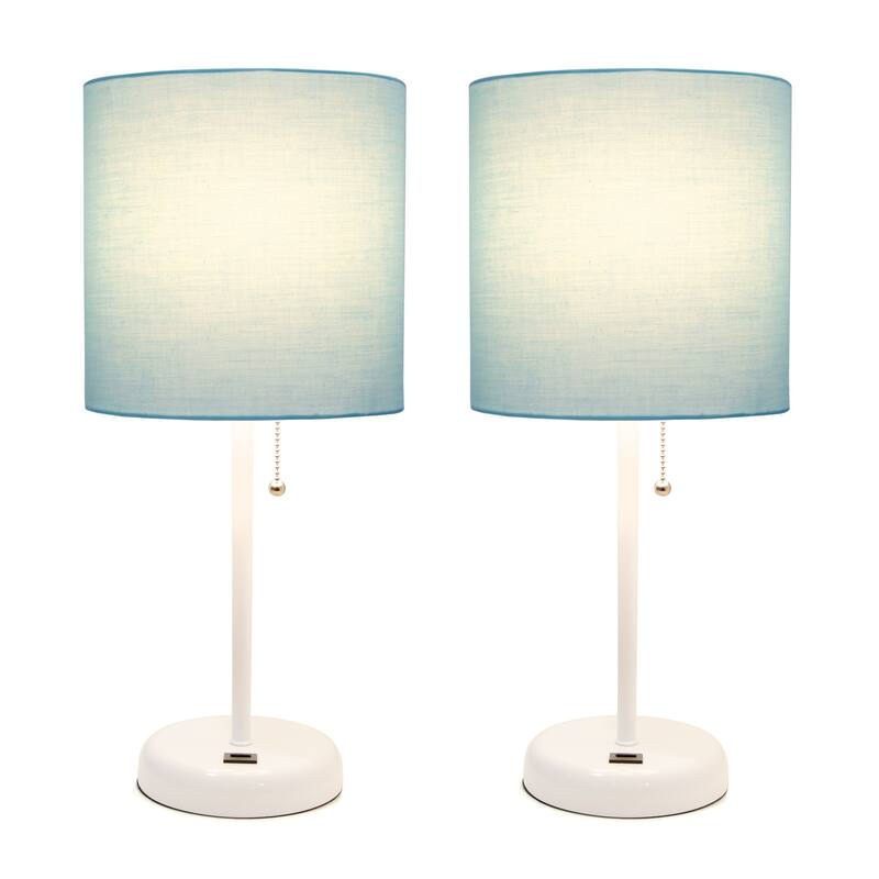 19.5 in. White Finish Table Lamp with Blue Shade, Durable Stick Lamp for End/Side Tables, Set of 2