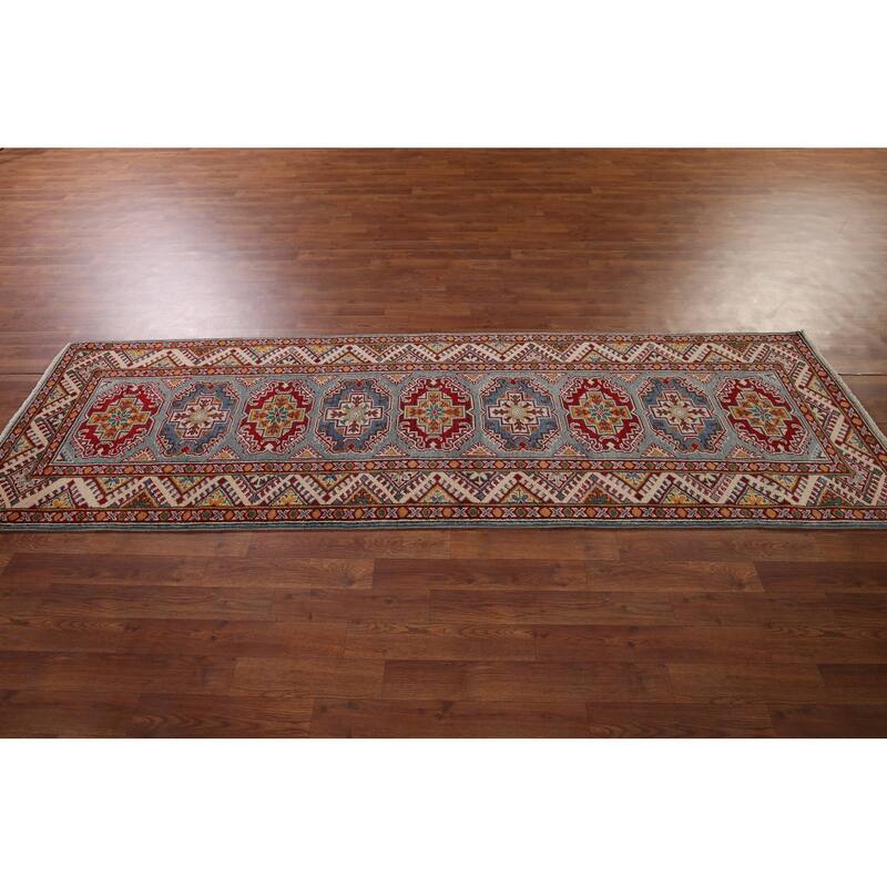 Geometric Kazak Oriental Runner Rug Hallway Hand-Knotted Wool Carpet - 2'8" x 9'4"