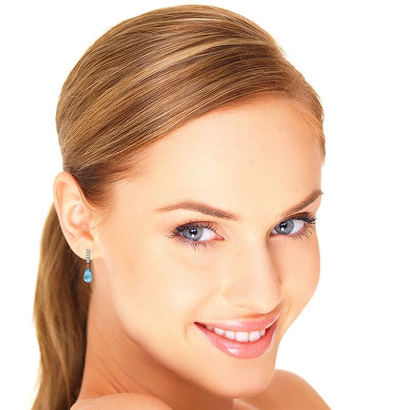 14K Solid Gold Diamond & Blue Topaz Genuine Gemstone Earrings