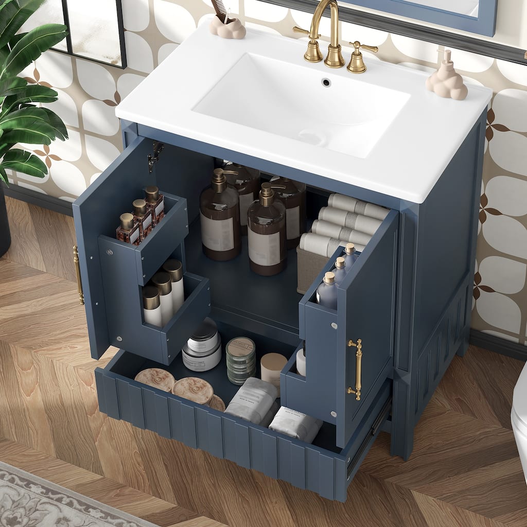 30" Bathroom vanity with sink, multi-functional bathroom cabinet with doors and storage shelves, featuring drawers