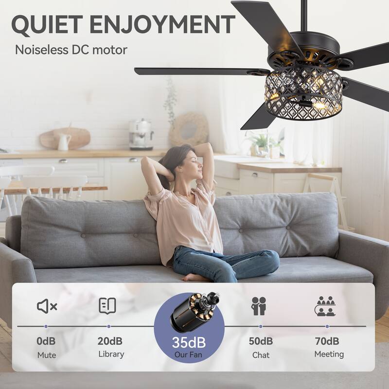 52-inch Reversible 5-Blade Crystal Caged Ceiling Fan with Light and Remote
