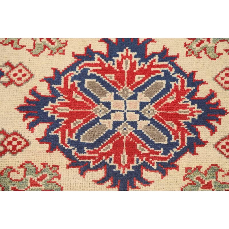 Geometric Kazak Accent Rug Hand-Knotted Beige Wool Carpet - 3'2" x 4'1"