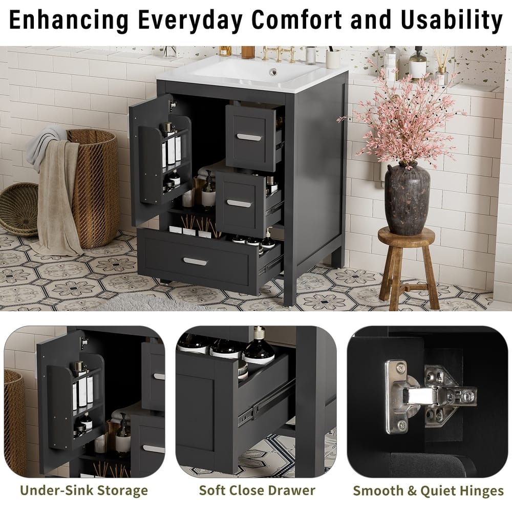 Solid Wood Frame Bathroom Vanity Cabinet with Ceramic Sink, Space-Saving 24-Inch Vanity