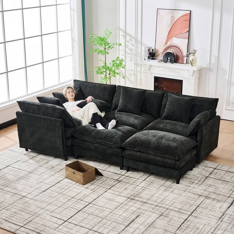 U-Shaped Modular Sectional Sofa, Comfy Deep Seat Cloud Couch with 2 Movable Ottomans, Large 4 Seat Sofa with Pillows