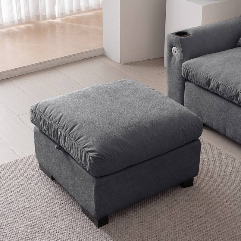 114.5" Modern Modular L Shaped Chenille Sofa with Reversible Ottoman, Storage, USB Ports & Cup Holder in Dark Grey