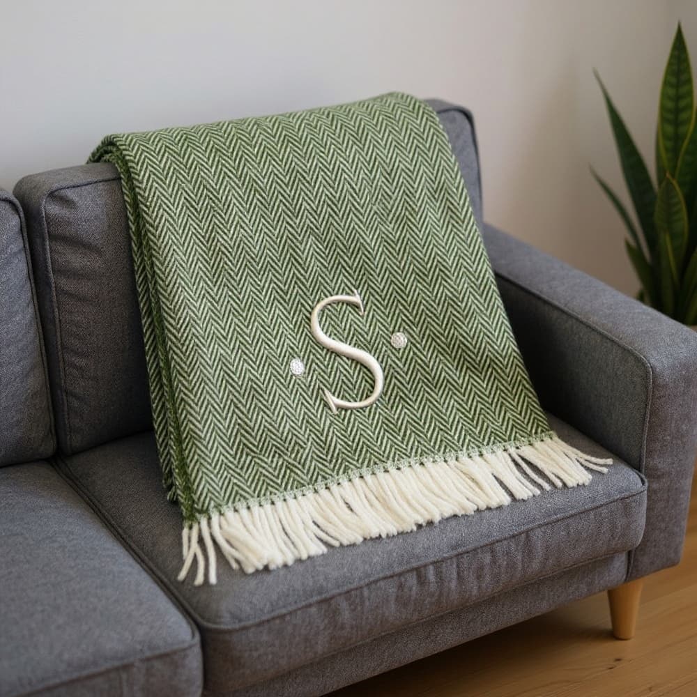 55" X 70" Moss Green And White Herringbone Cotton Blend S Initial Throw Blanket with Tassels And Embroidery