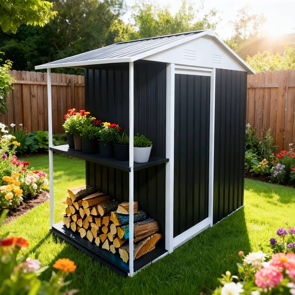 6 x 4 FT Outdoor Storage Shed with Rack Metal Garden Shed