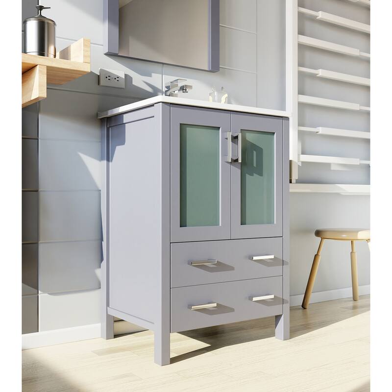 24-inch Bathroom Vanity with Ceramic Top, Mirror, and Soft Close Storage - Includes 1 Cabinet and 2 Drawers for Storage