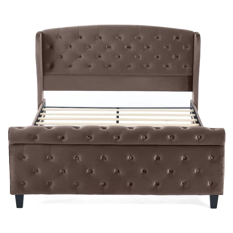 Christopher Knight Home - Amara Traditional Velvet Upholstered Sleigh Bed with Wingback Headboard & Scroll Footboard, Queen Size
