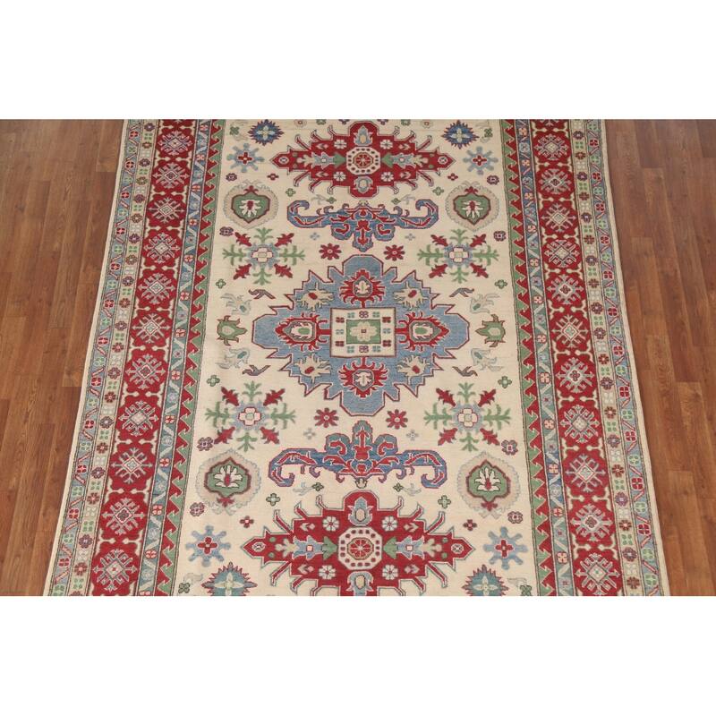 Hand Knotted Oriental 100% Wool Carpet Traditional Geometric Beige & Ivories Kazak Area Rug - 9' 9'' X 6' 7''